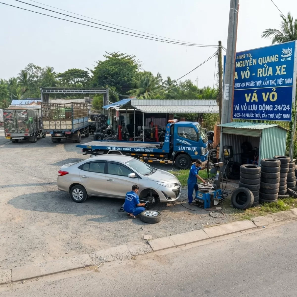 VÁ VỎ CỨU HỘ CÂU BÌNH ẮC QUY TRÀ NỐC QL91