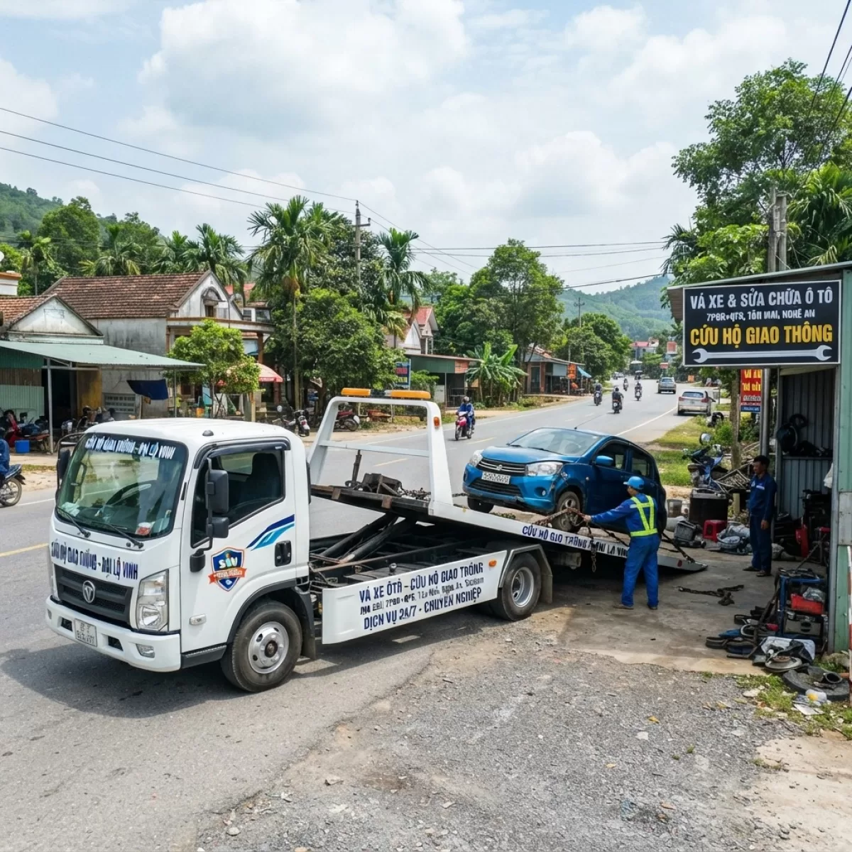 VÁ VỎ LƯU ĐỘNG CẨU KÉO XE TRÊN CAO TỐC HOÀNG MAI