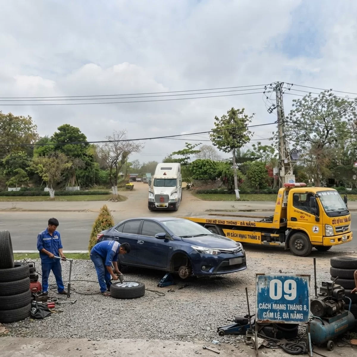 VÁ VỎ LƯU ĐỘNG KÍCH BÌNH ẮC QUY VÁ TRONG XUYÊN ĐÊM