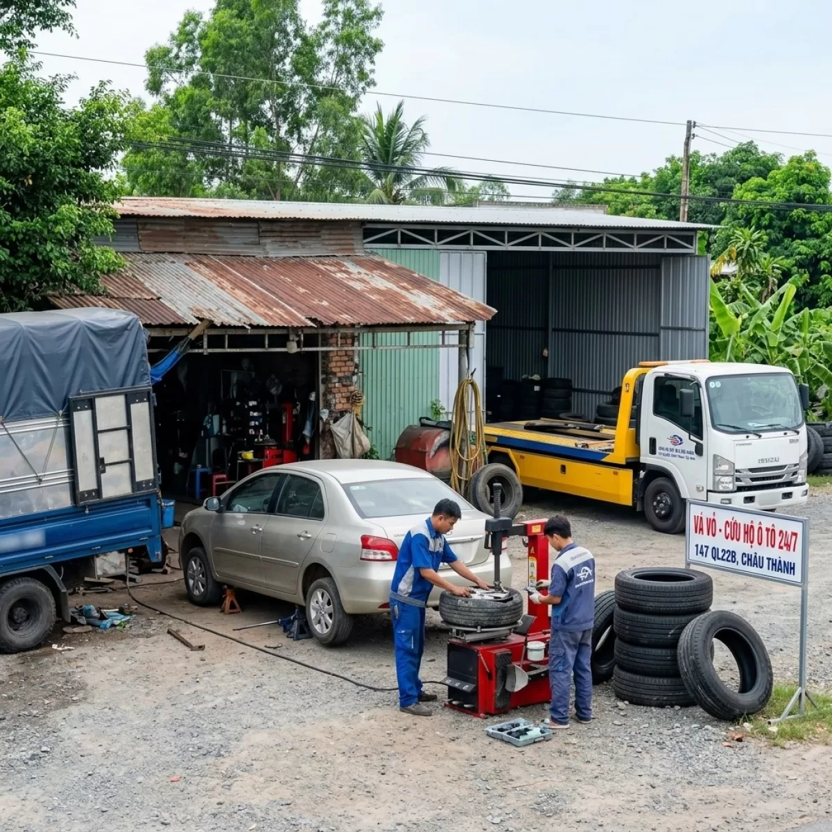 Vá Vỏ Lưu Động Ô Tô Cẩu Kéo Ô Tô Hòa Thành