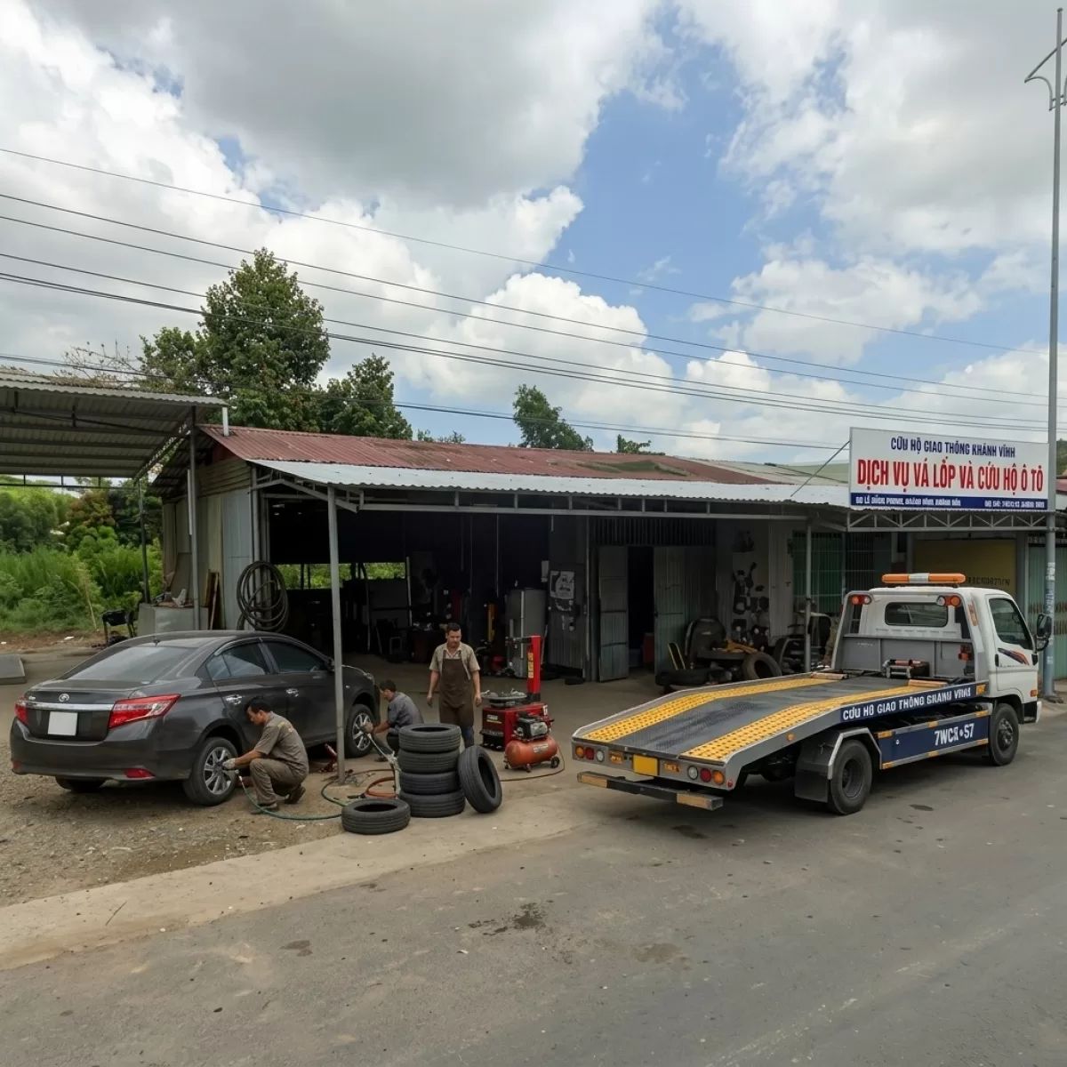 VÁ VỎ LƯU ĐỘNG Ô TÔ KHU CÔNG NGHIỆP SÔNG CẦU