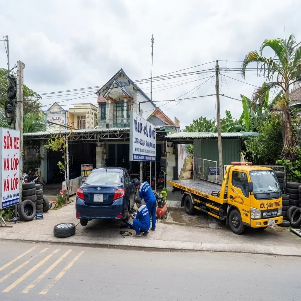 GARA CỨU HỘ VÁ VỎ Ô TÔ TOÀN TUYẾN VĨNH LONG TRÀ ÔN